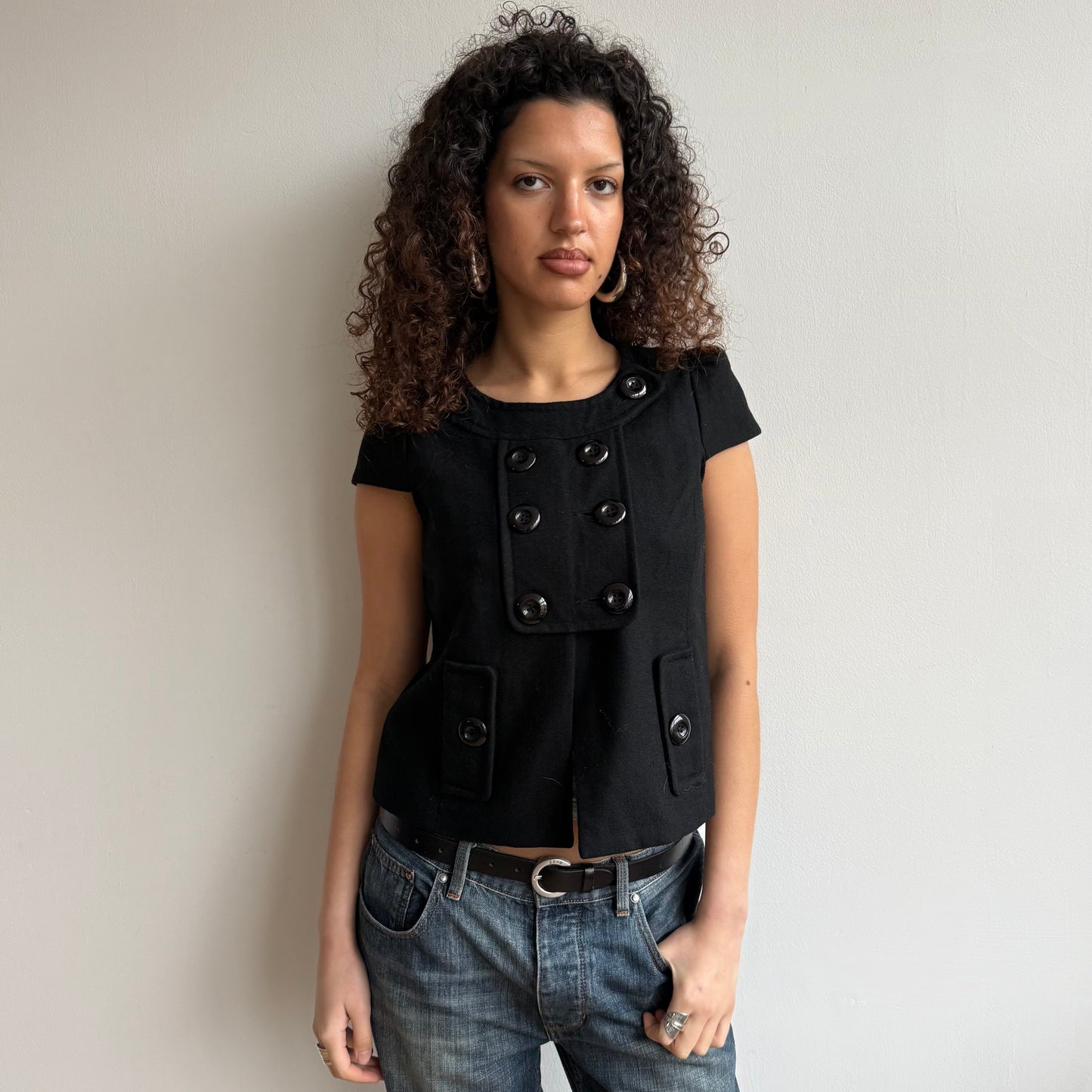 Black short sleeve double breasted peacoat - Size M