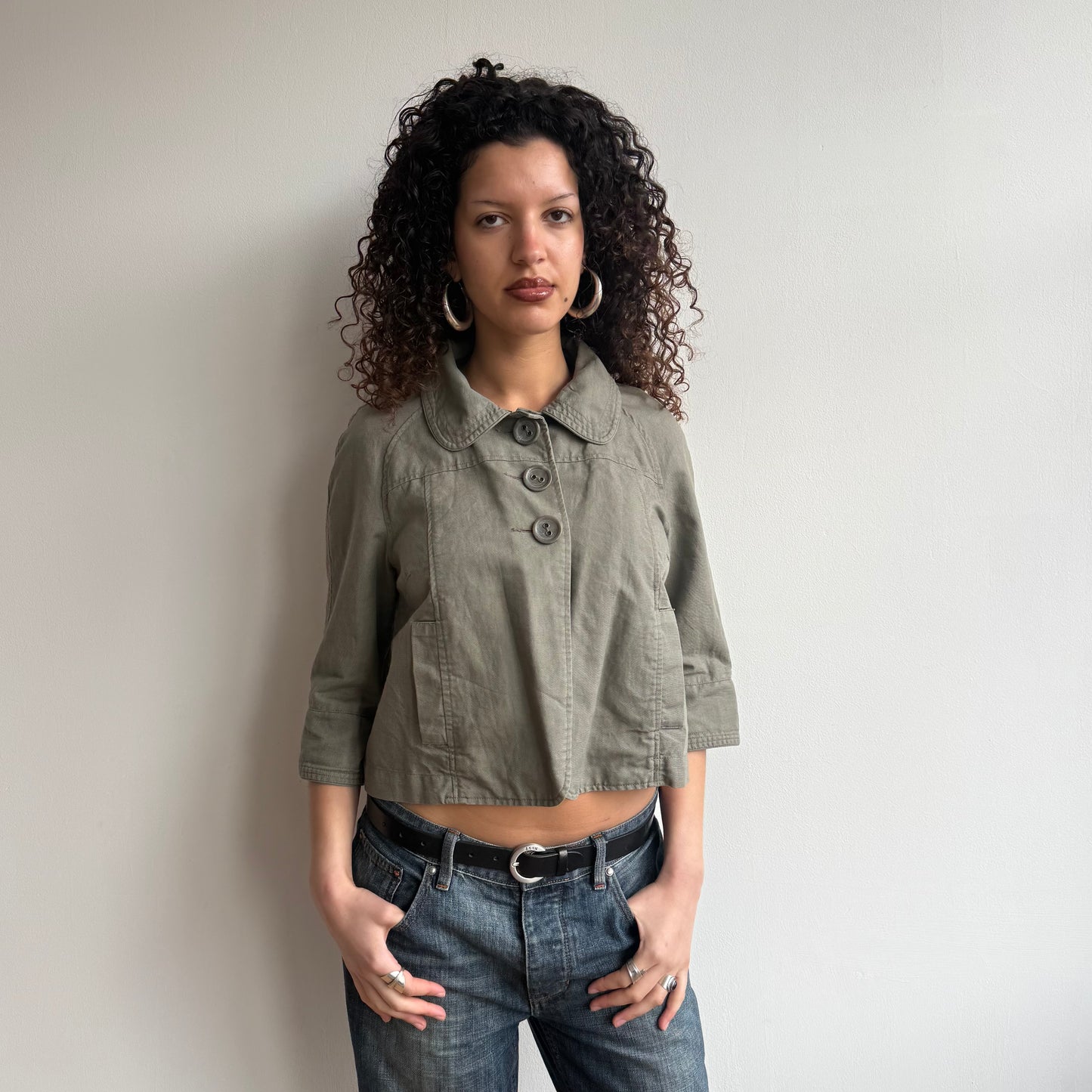 Khaki linen 3/4 sleeve peacoat - Size S/M