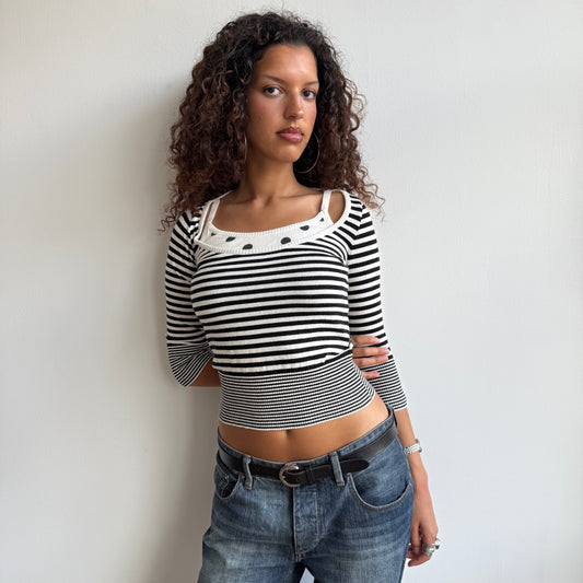 Black polka dot stripe knit - Size S