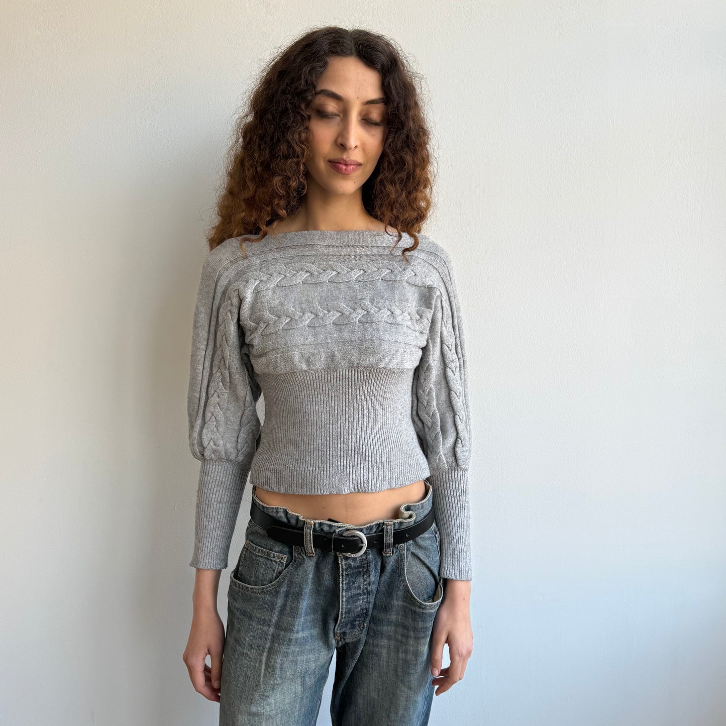 Grey cable knit batwing knit - Size XS