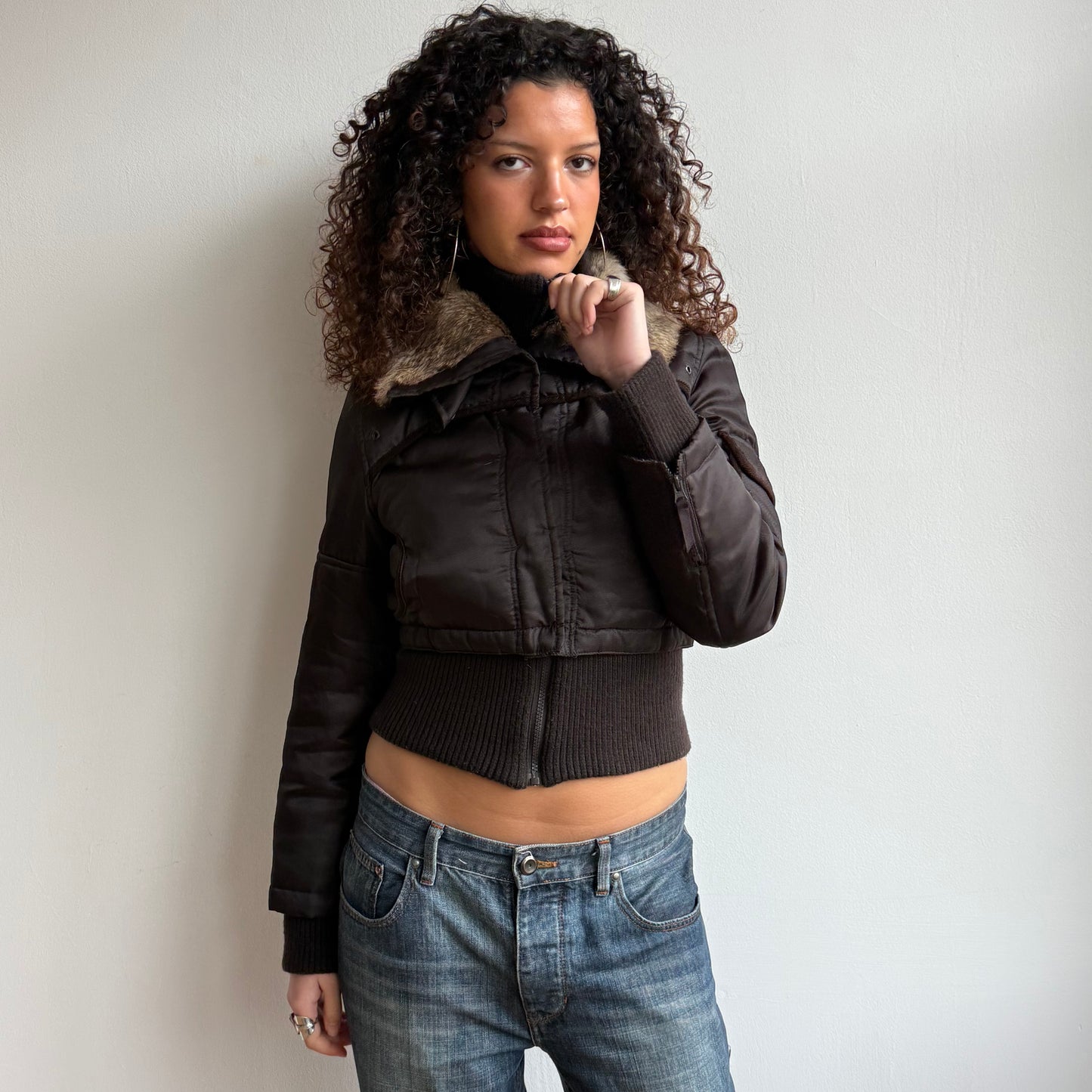 Brown fur collar puffer jacket - Size S