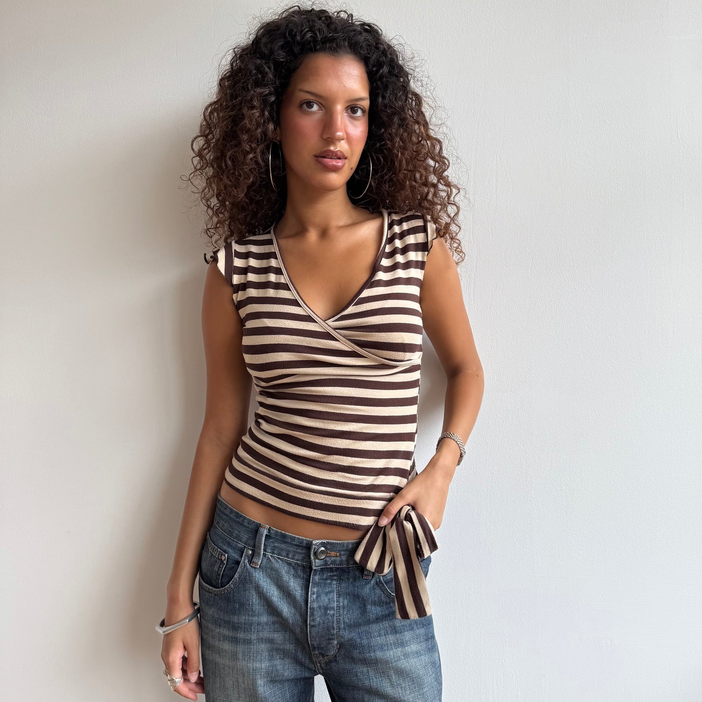 Beige + brown stripe top - Size S