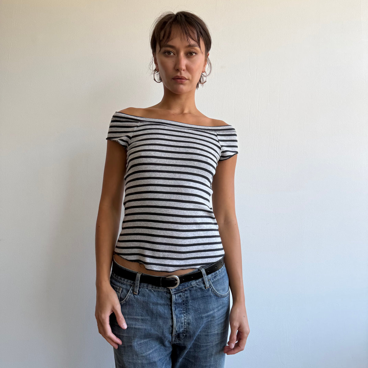 Navy + grey striped top - Size S-M