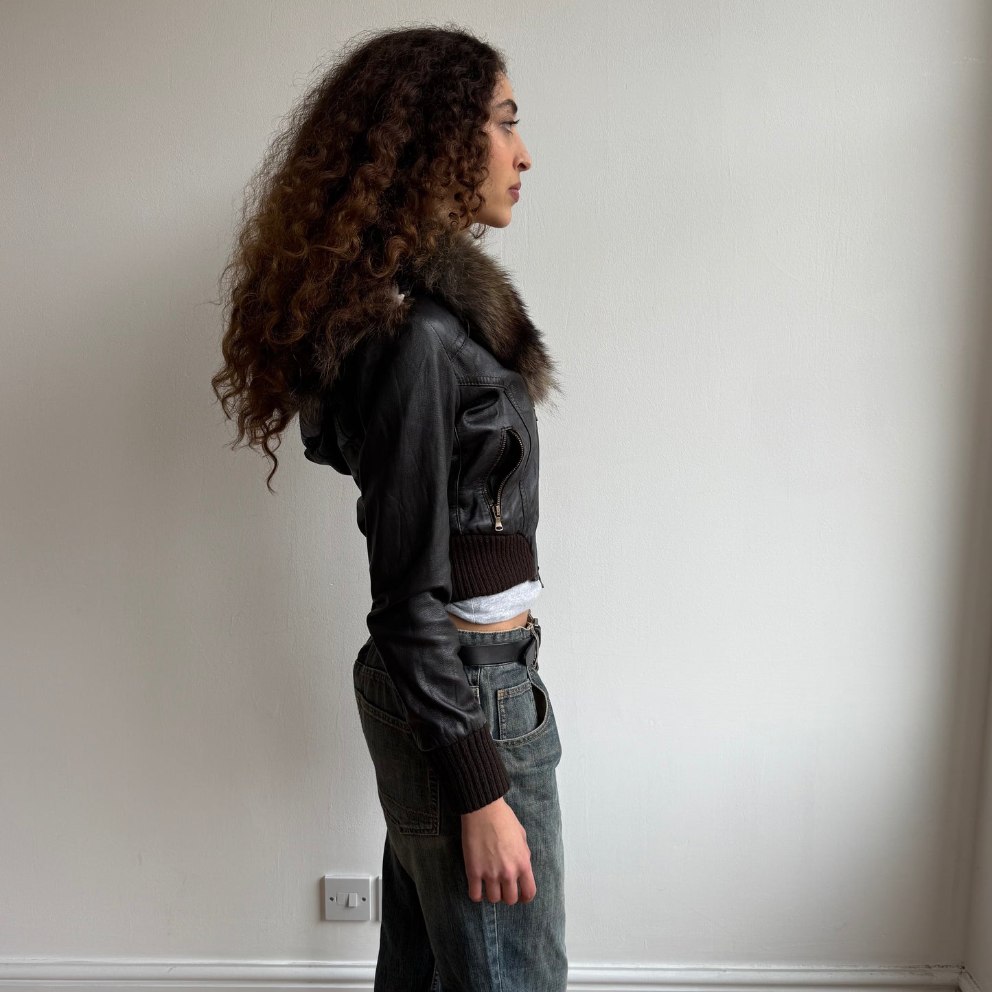 Brown leather fur hood bomber - Size S