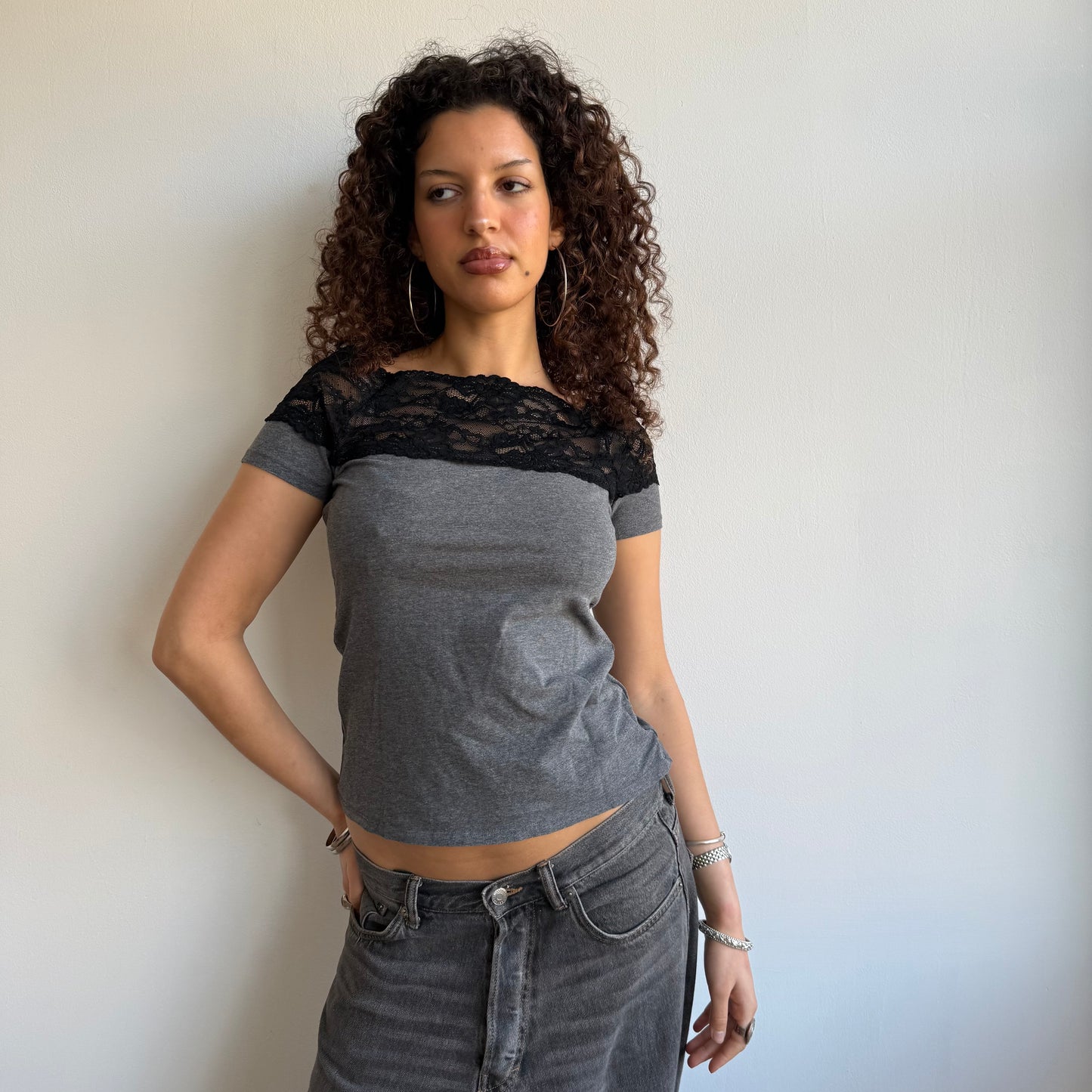 Grey lace Bardot top - Size S
