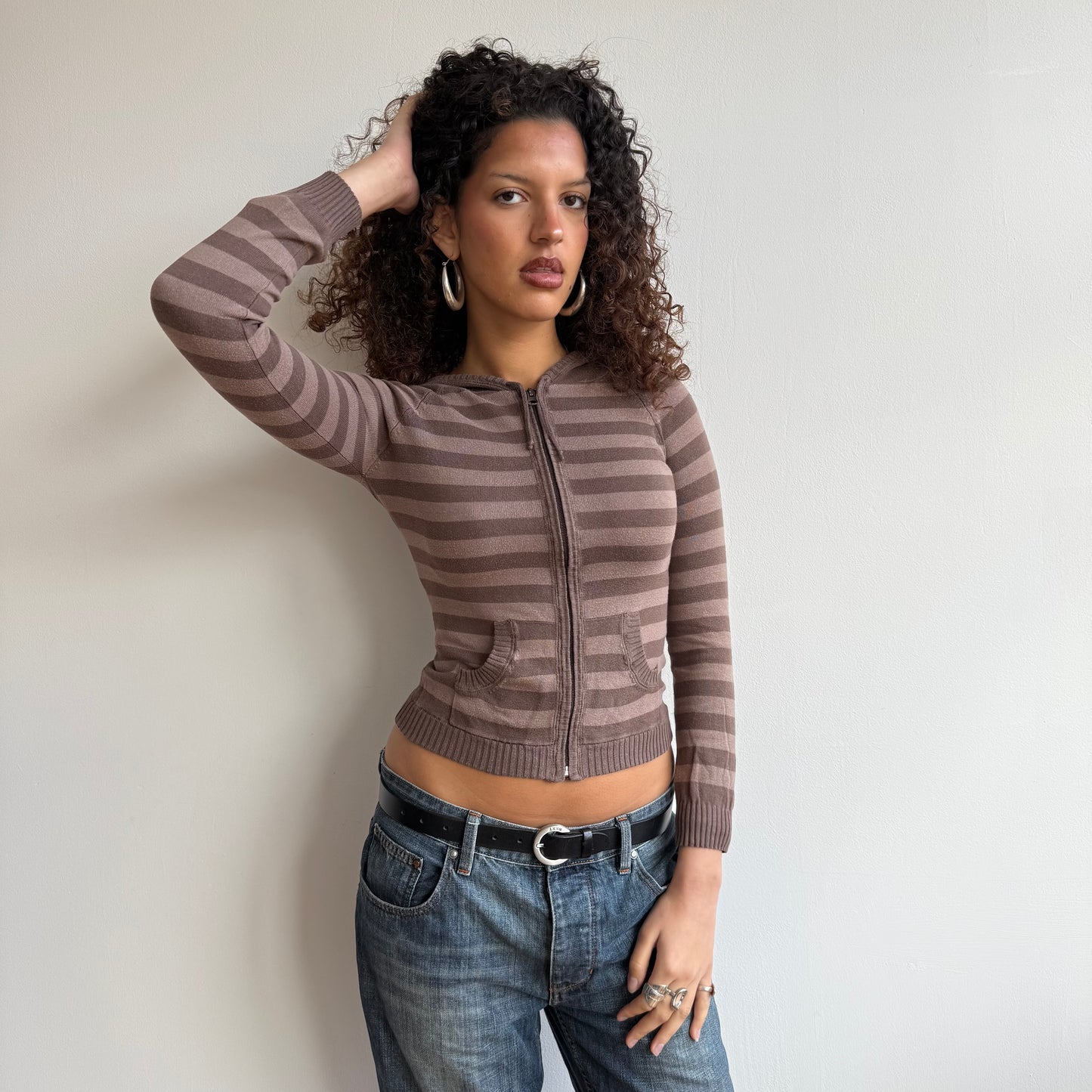 Brown striped knit hoodie - Size XS