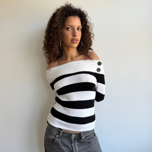 Black + white striped baddot knit - Size S