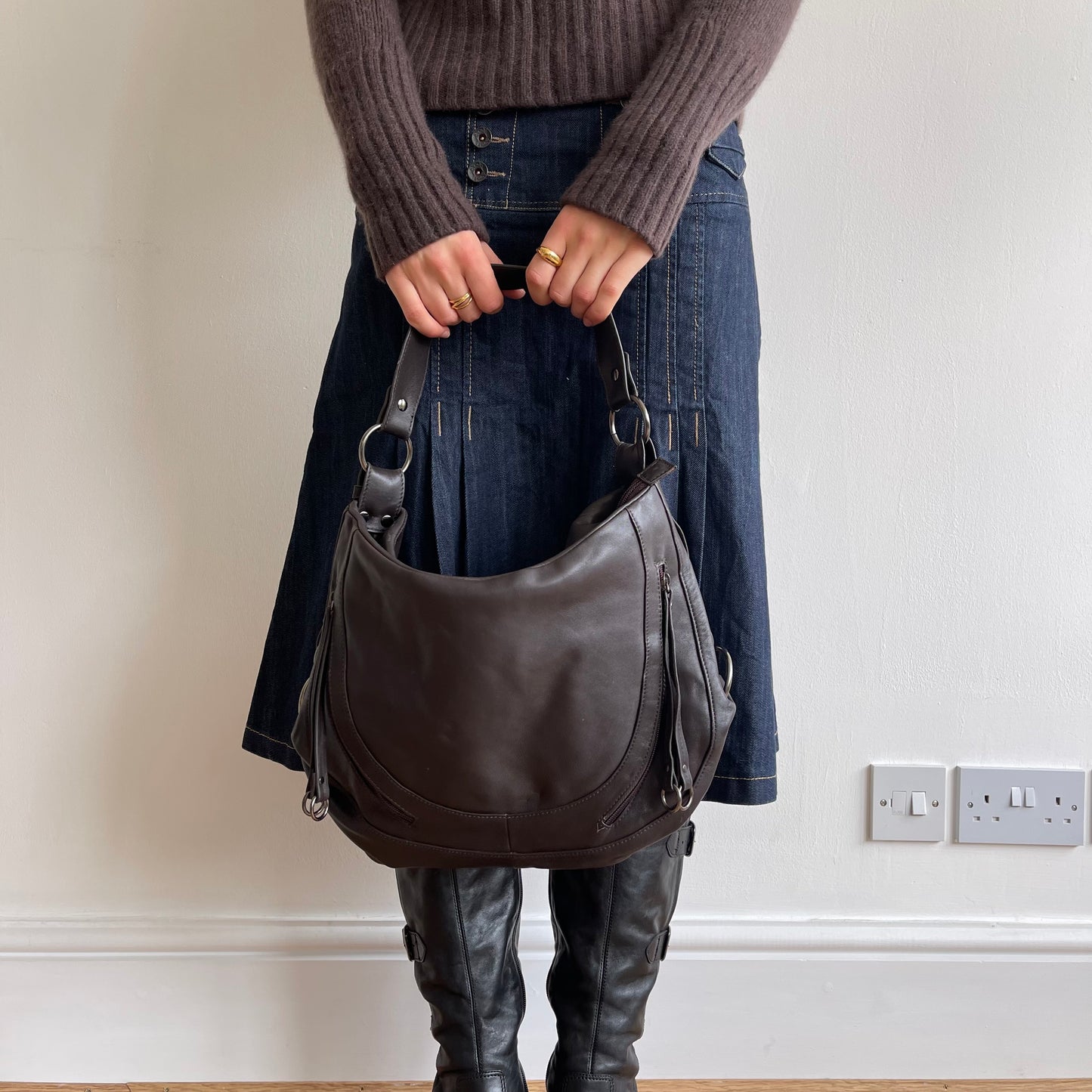 Brown leather crescent bag