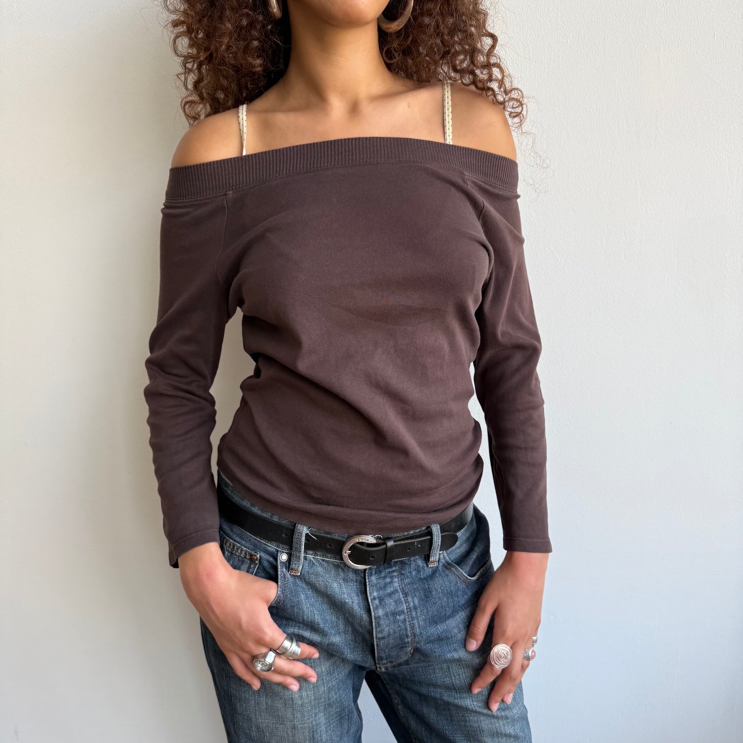 Brown bardot 3/4 sleeve top - Size S