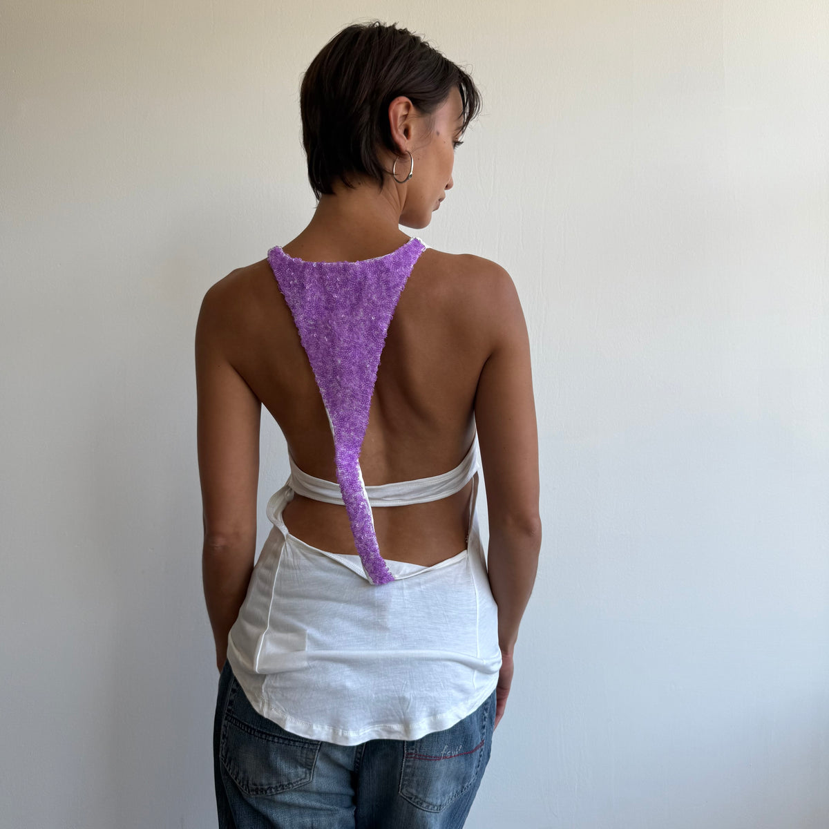 White + purple GUESS sequin reacerback top - Size S