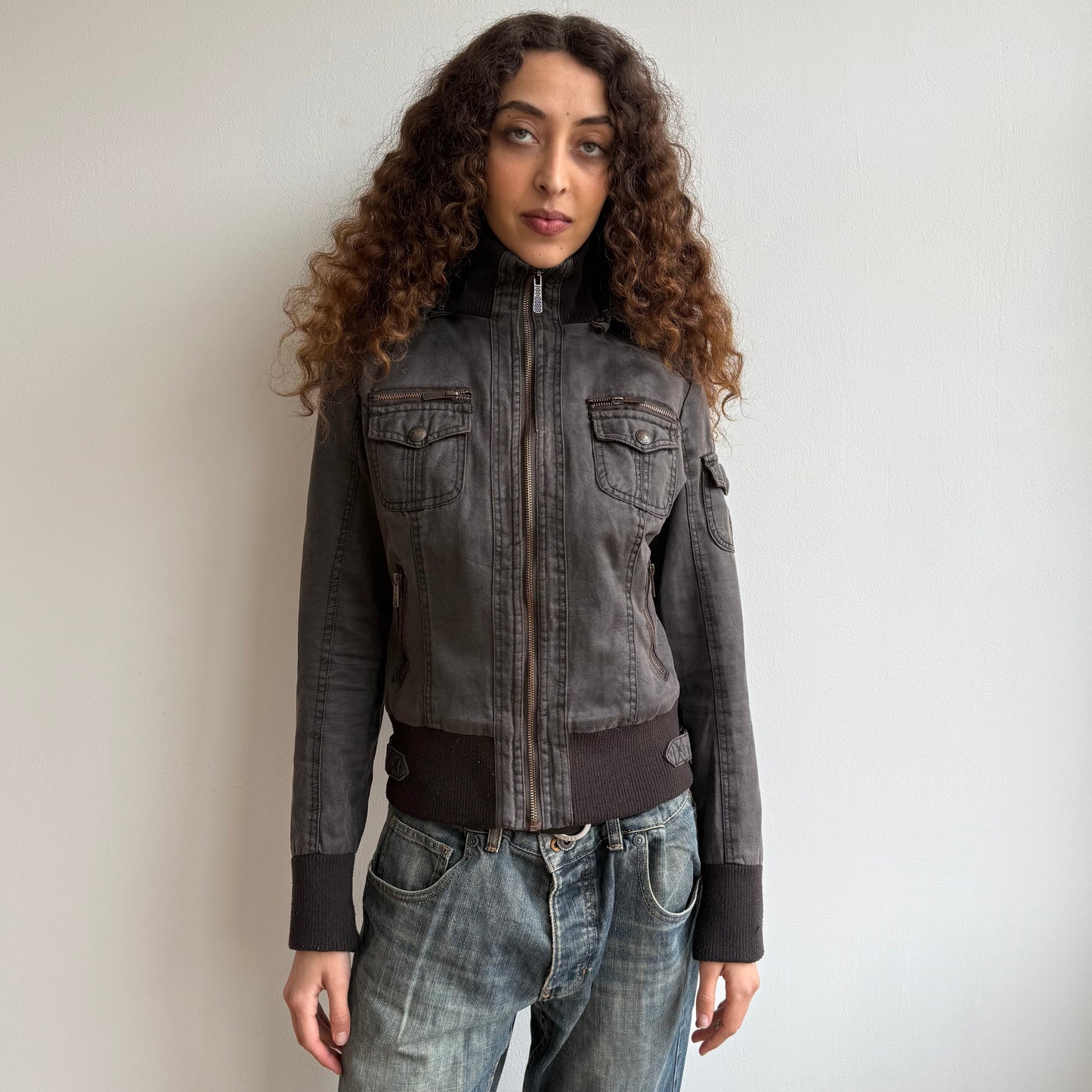 Brown fur hood cargo bomber - Size S