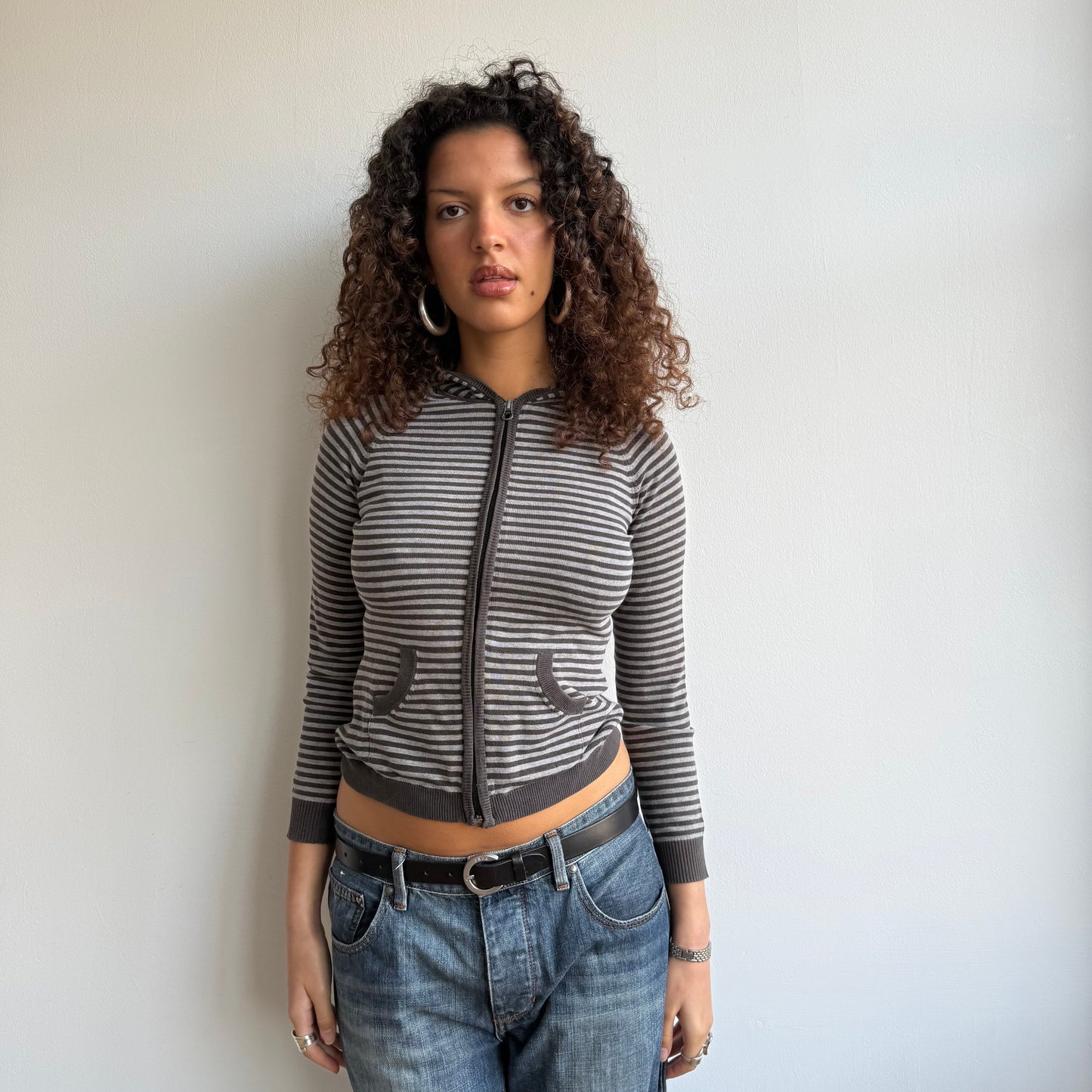 Brown + grey striped hoodie - Size XS/S
