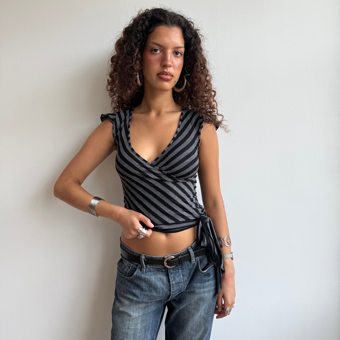 Black + grey stripe wrap t-shirt - Size S