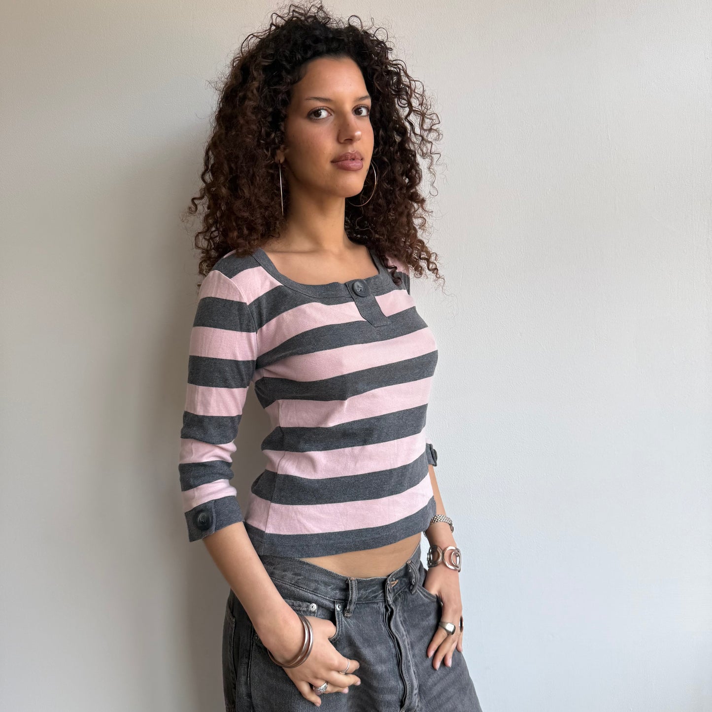 Grey + pink striped top - Size M