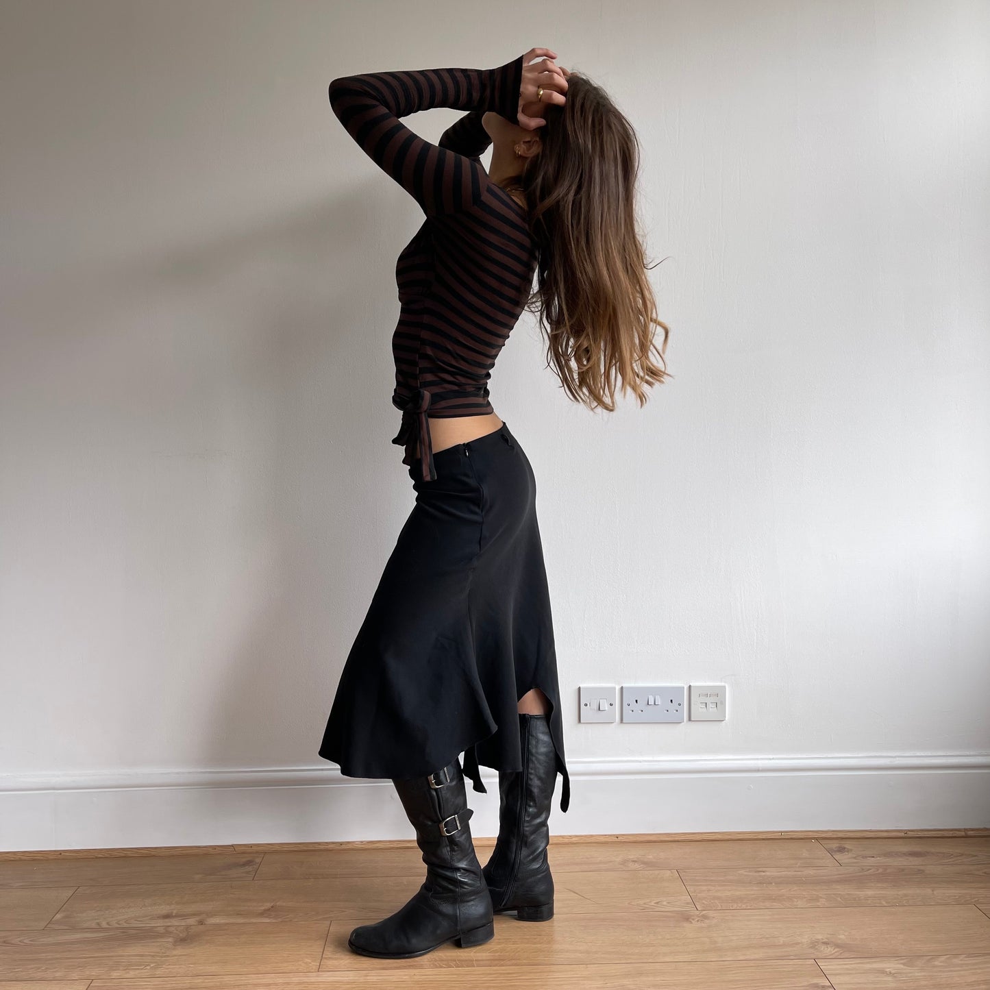 Brown stripe long sleeve wrap top - Size S