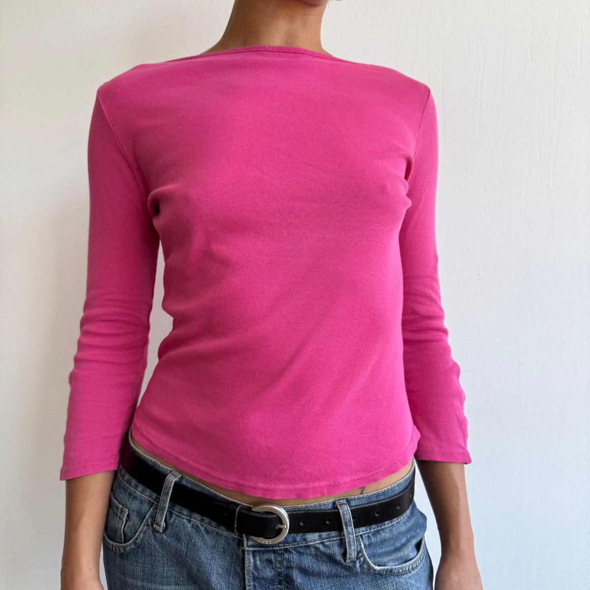 Hot pink 3/4 sleeve popper top - Size S