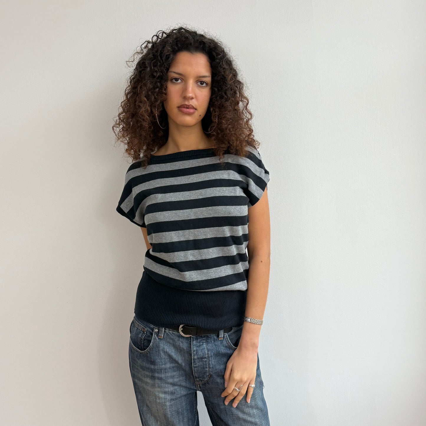 Black + grey stripe short sleeve knit - Size M