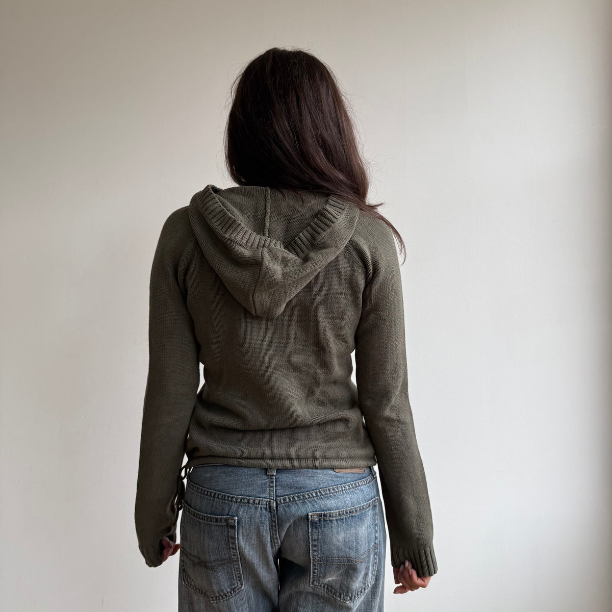 Khaki v-neck knit hoodie - Size S-M
