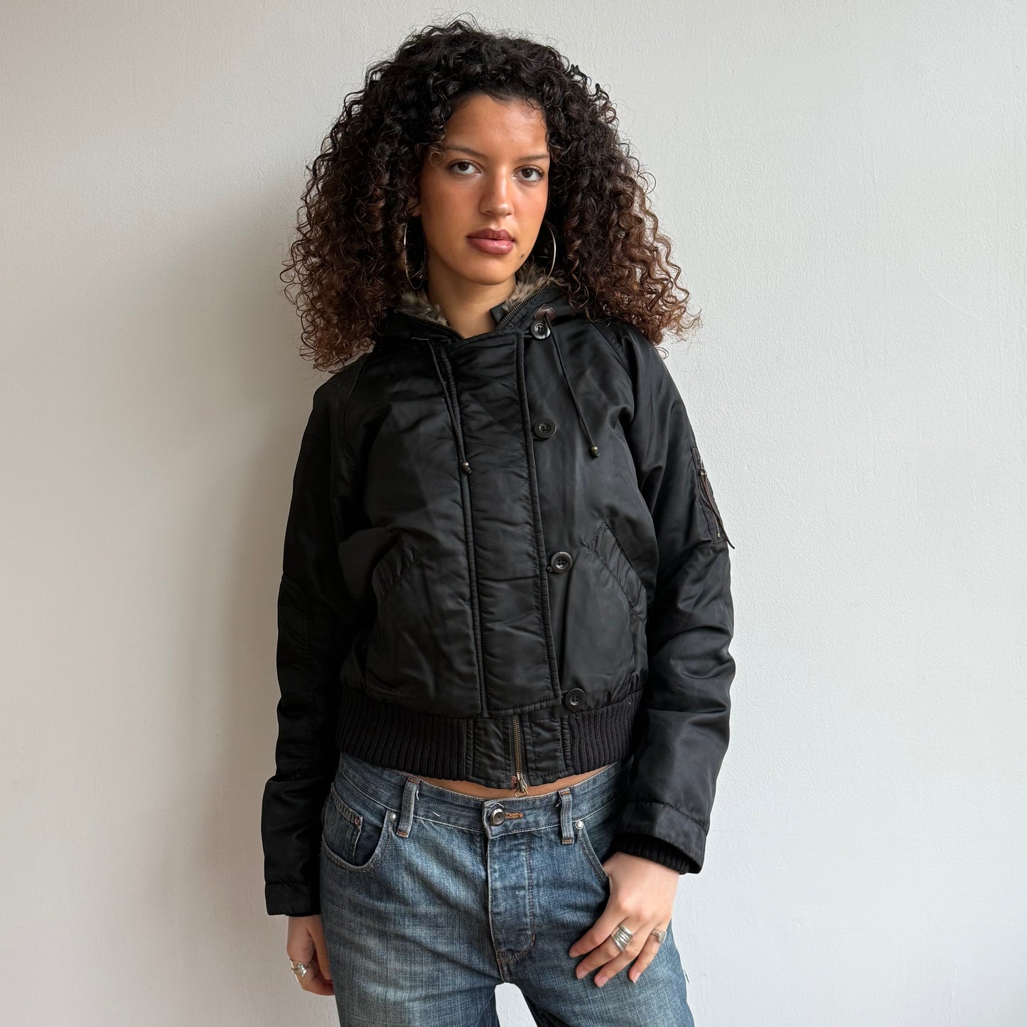 Black real fur hood bomber - Size S