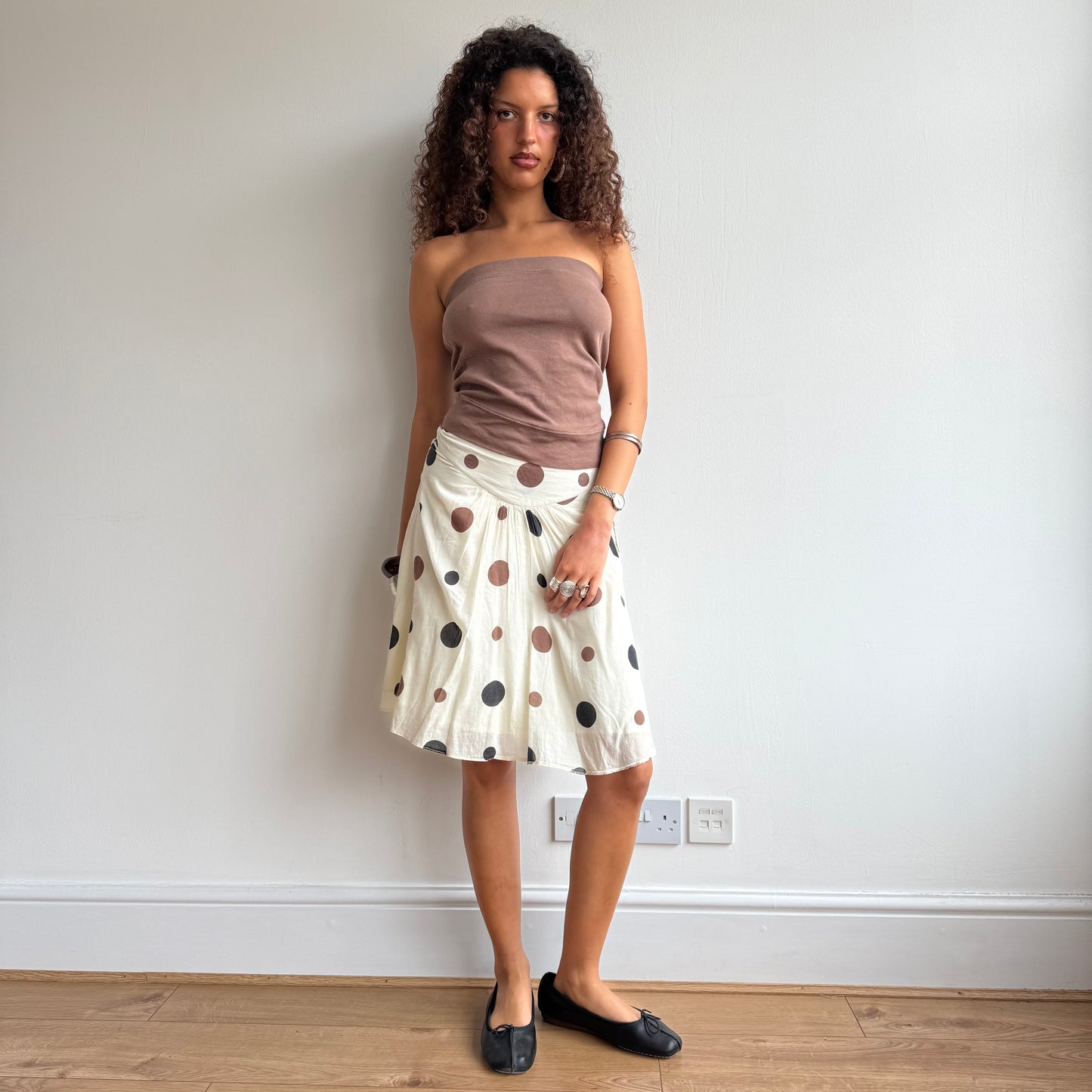 Cream polka dot midi skirt - Size S