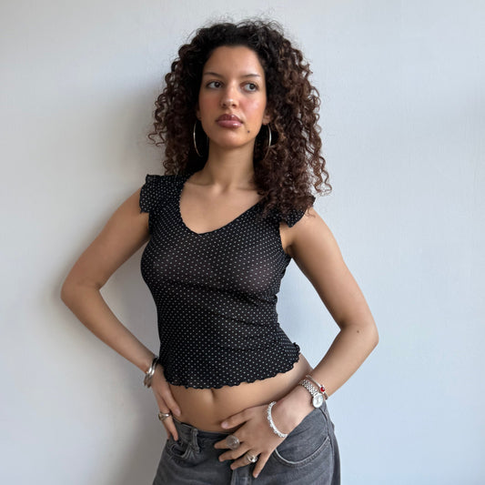 Black mesh polka dot top - Size XS
