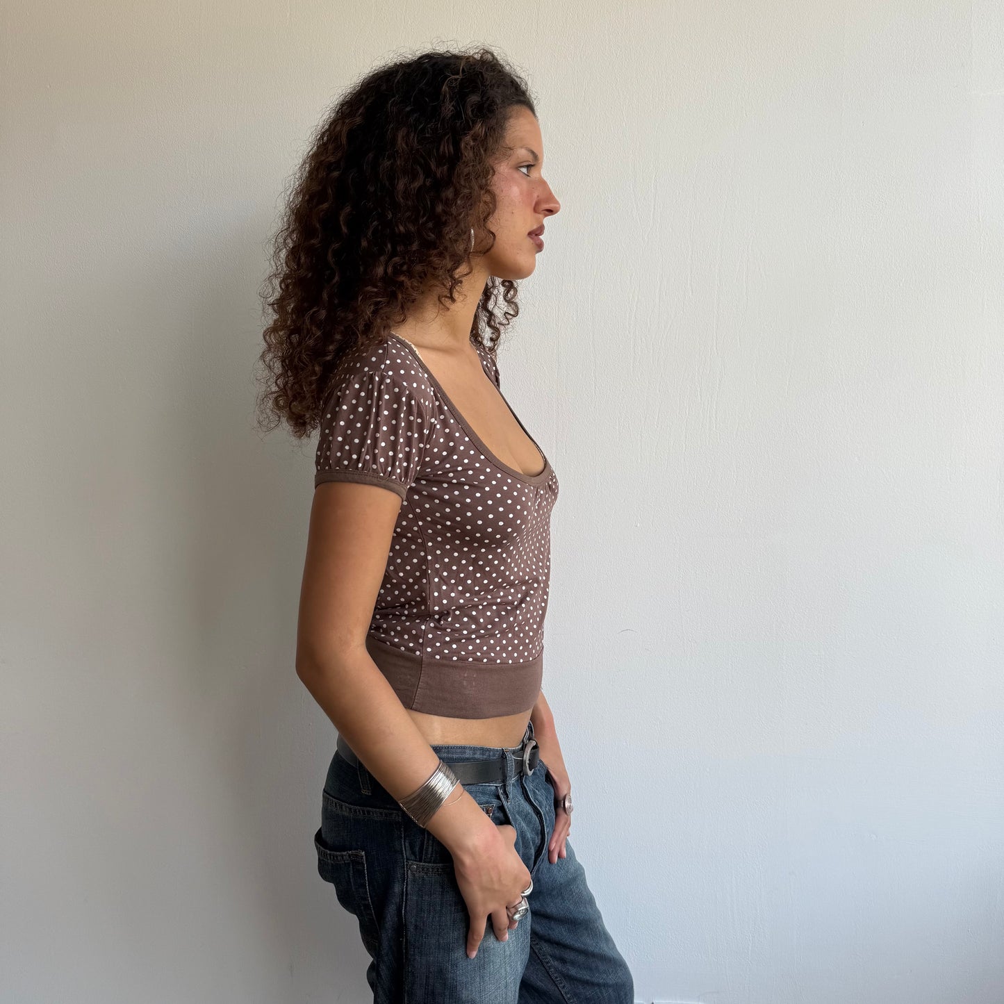 Brown polka dot keyhole top - Size S