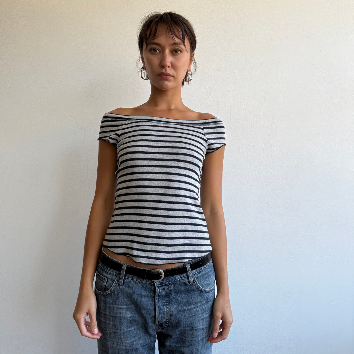 Navy + grey striped top - Size S-M