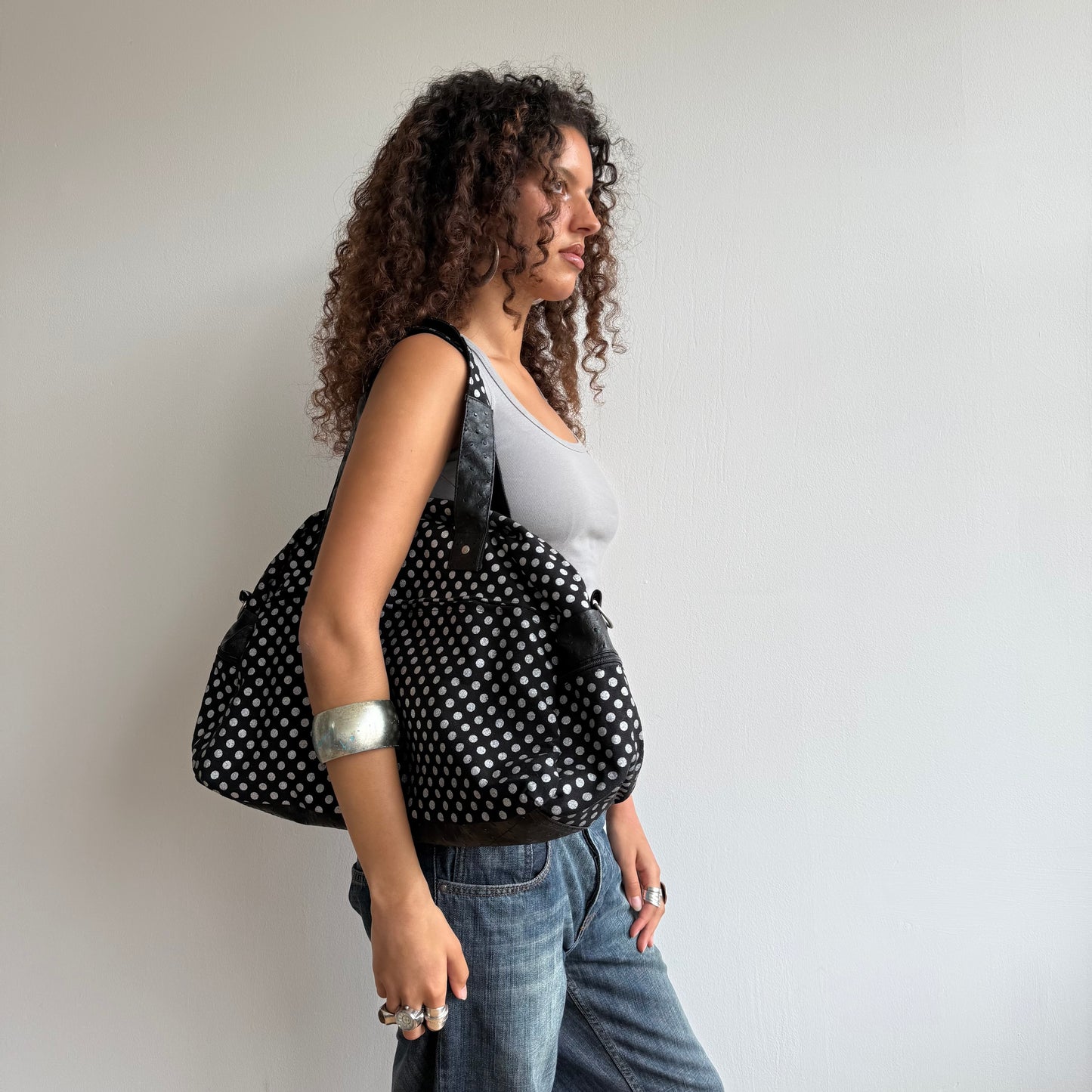 Black polka dot bowling bag