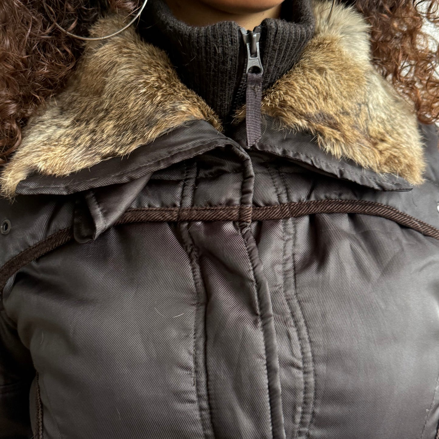 Brown fur collar puffer jacket - Size S