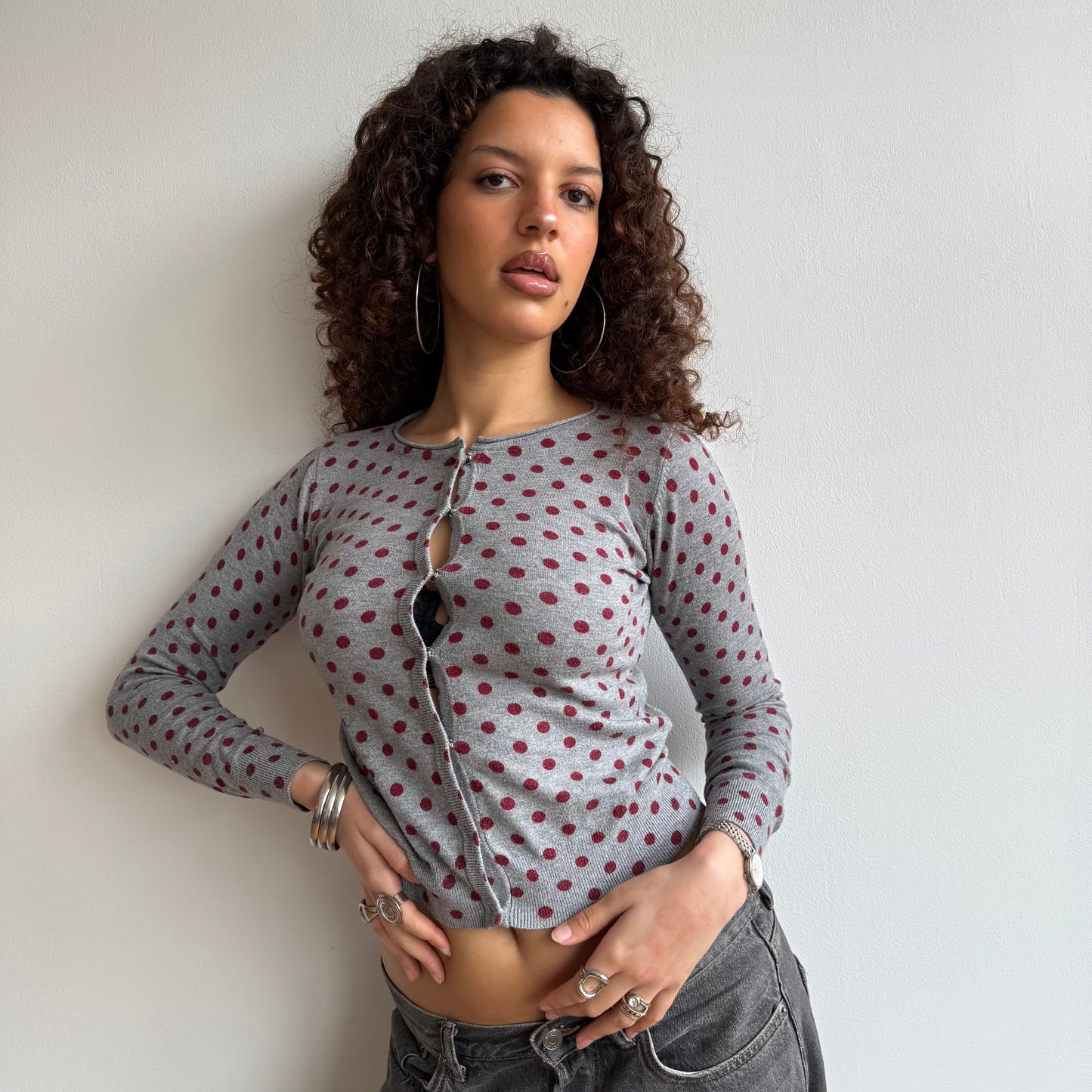 Burgundy polka dot cardi - Size S