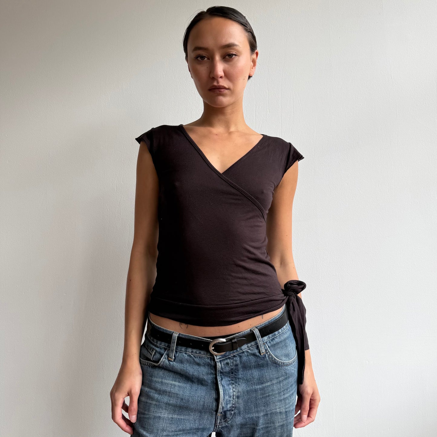 Brown tie side wrap top - Size S