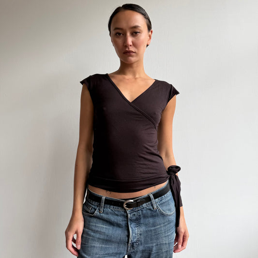 Brown tie side wrap top - Size S