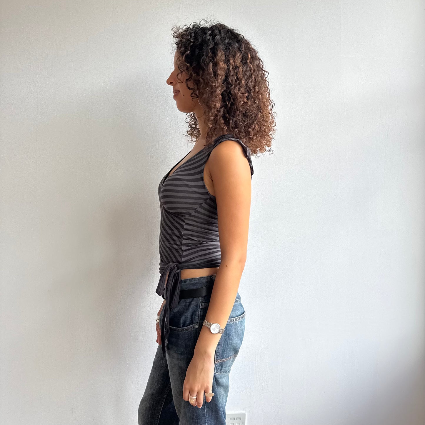 Black + grey stripe wrap top - Size S