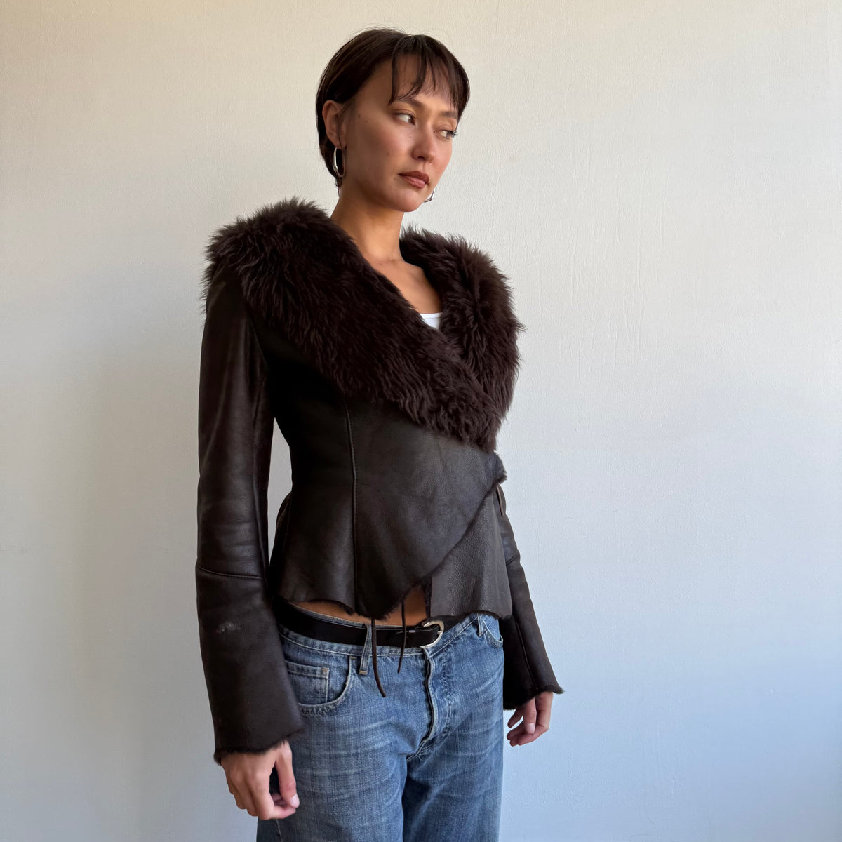 Brown leather fur tie afghan - Size S