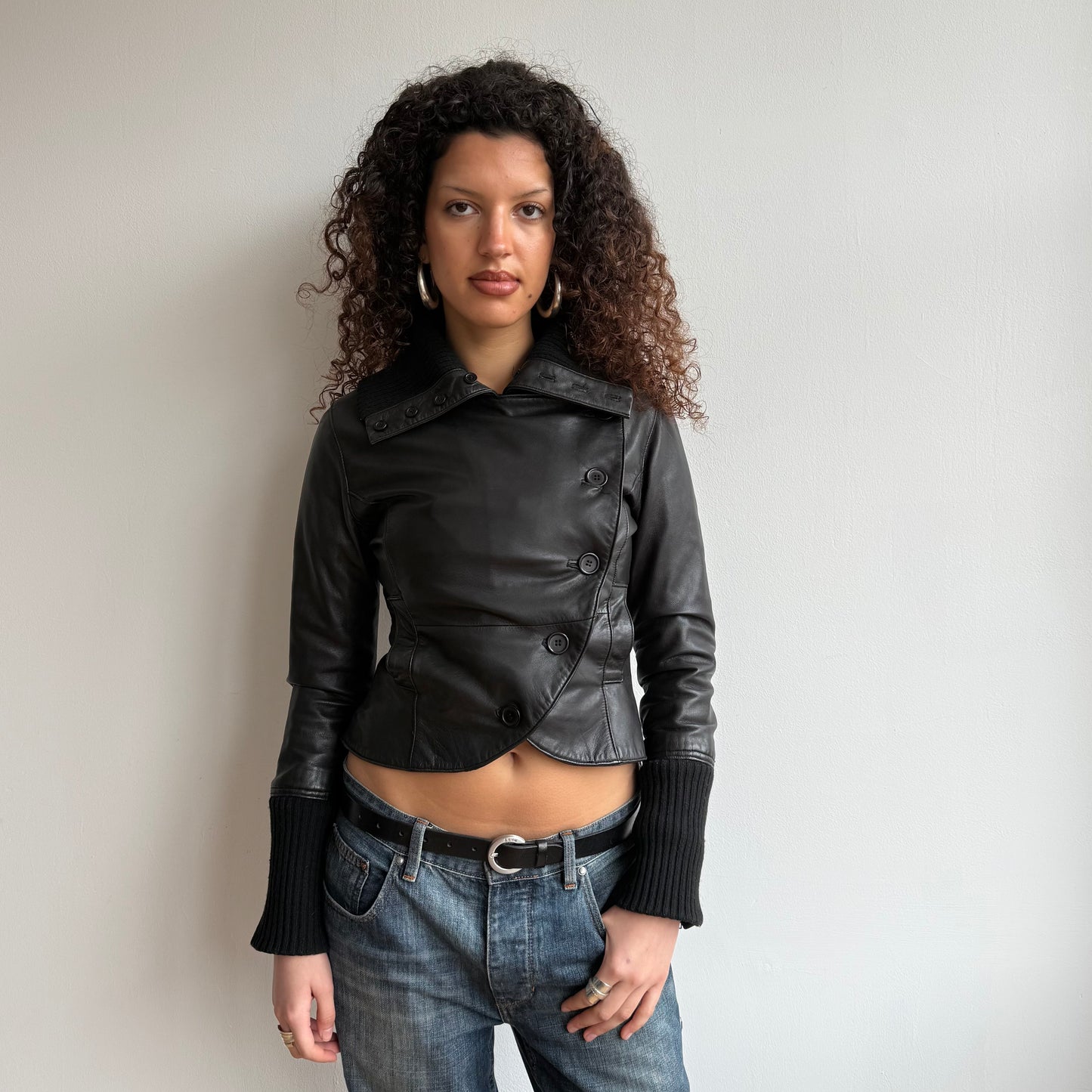 Black leather asymmetric peacoat - Size XS