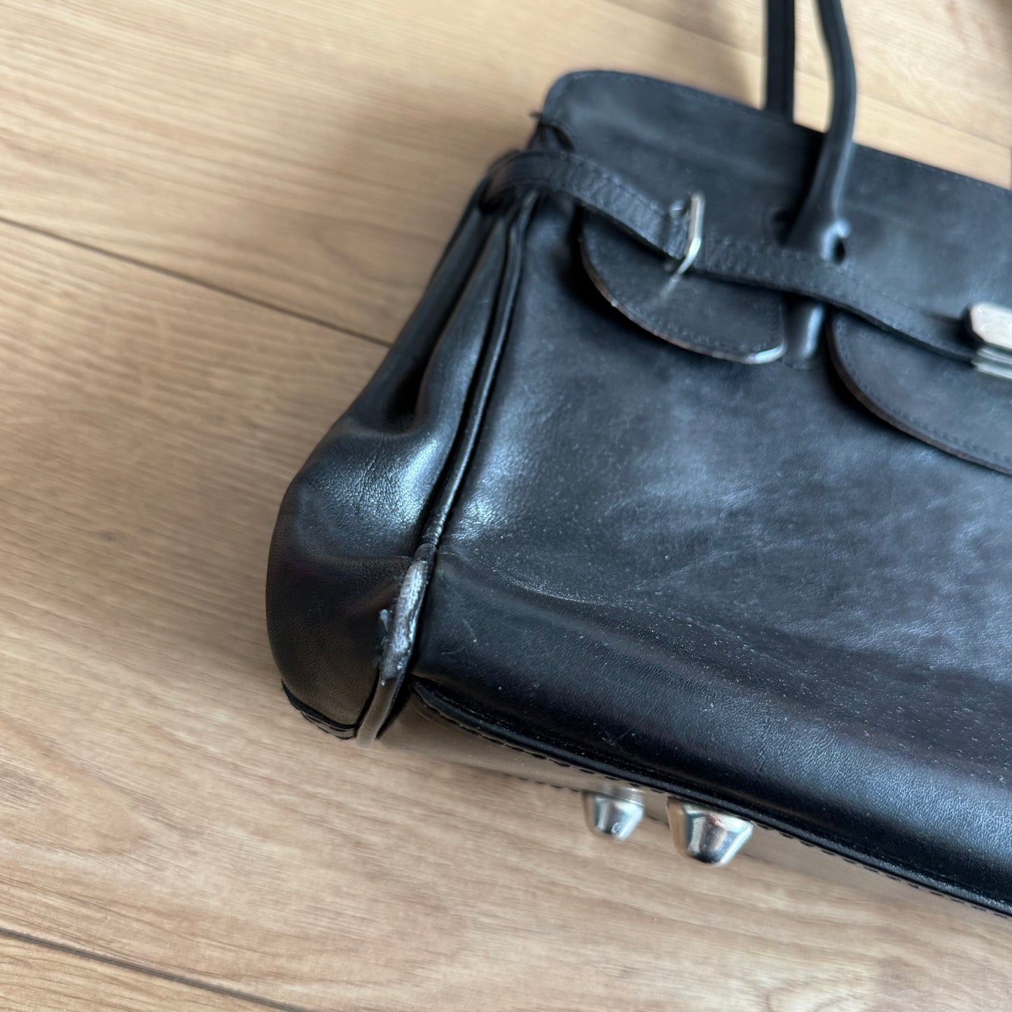 Black leather firkin bag - One Size