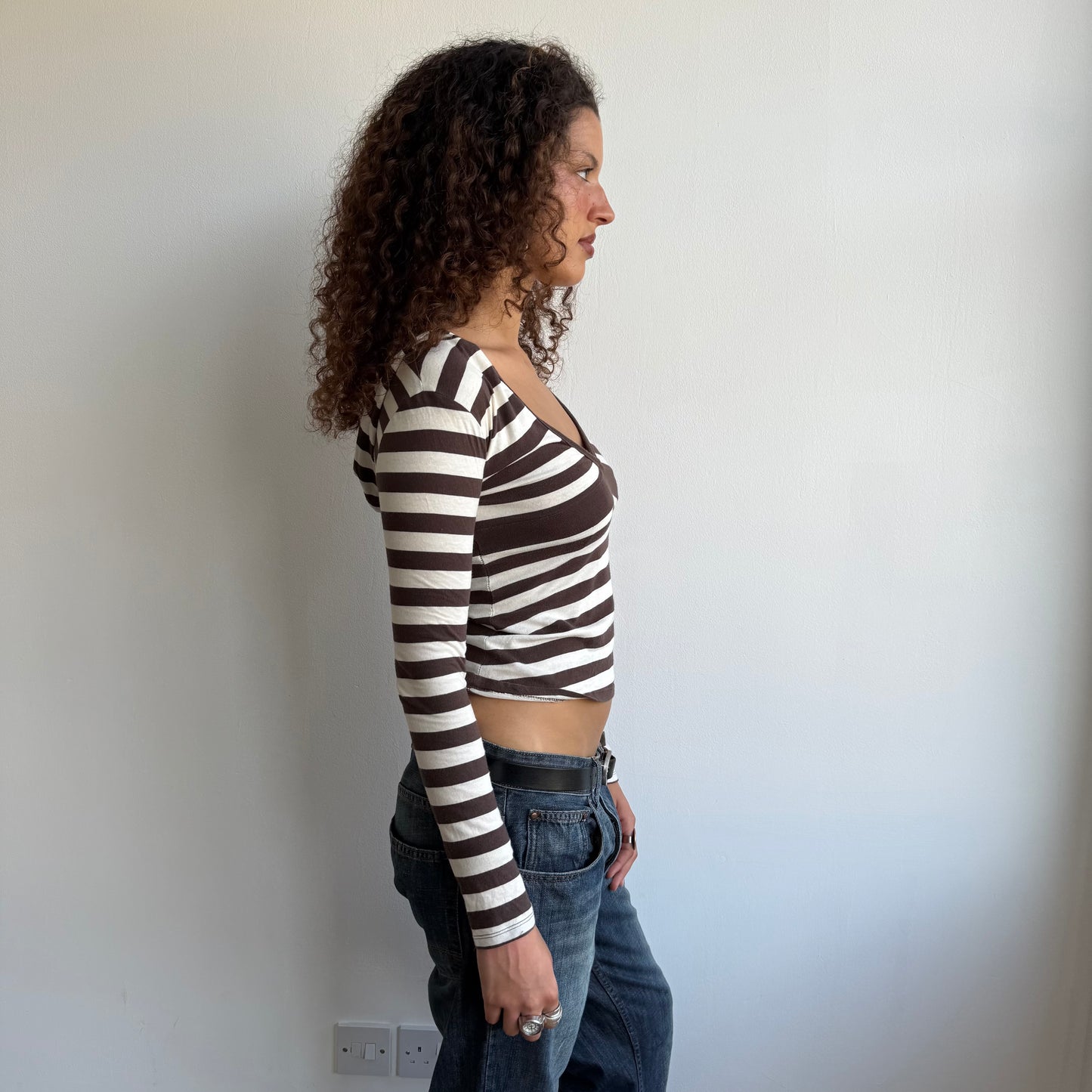 Brown + white striped hooded top - Size S