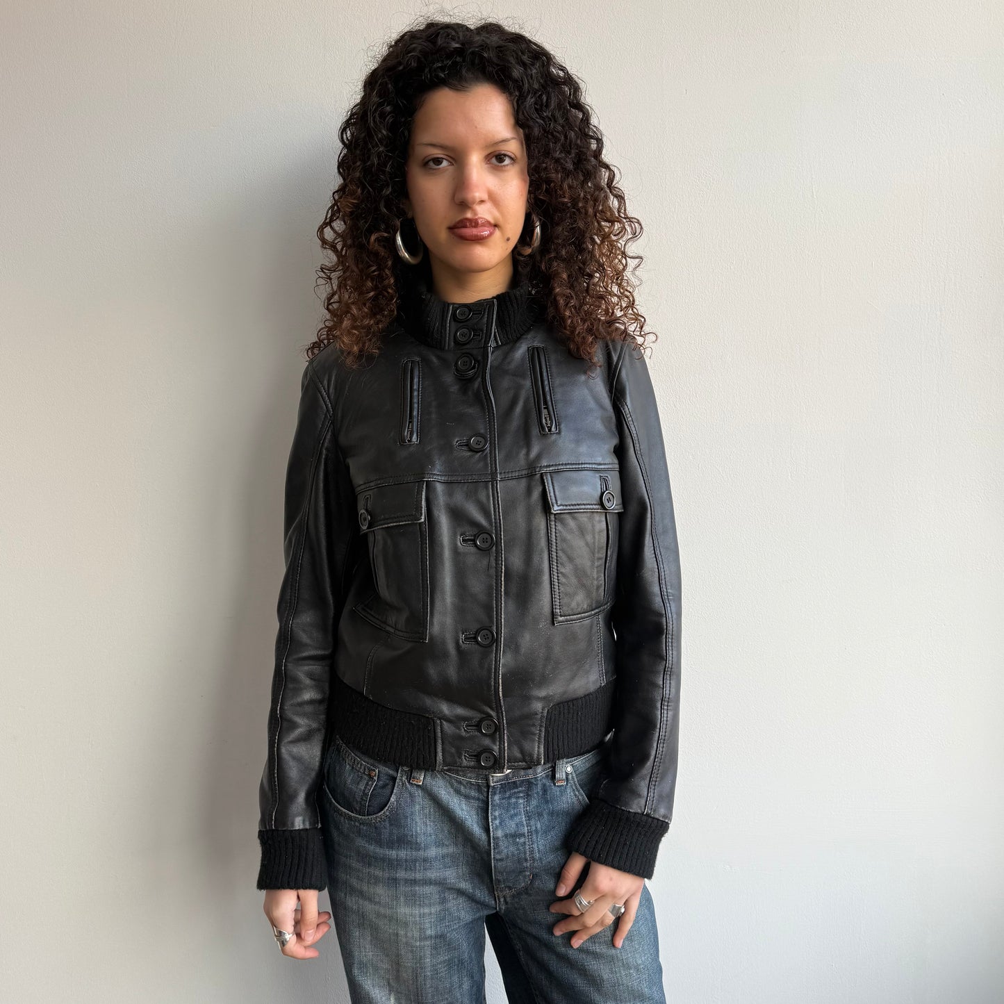 Black leather cargo bomber - Size M
