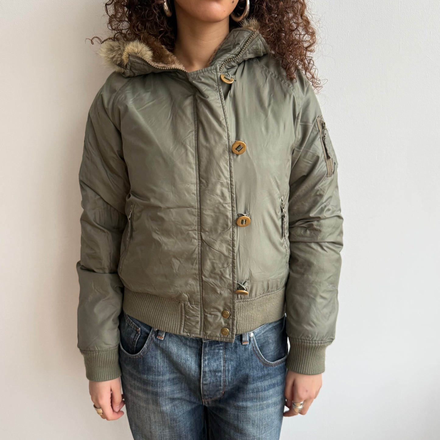 Khaki down fur hood puffer - Size M
