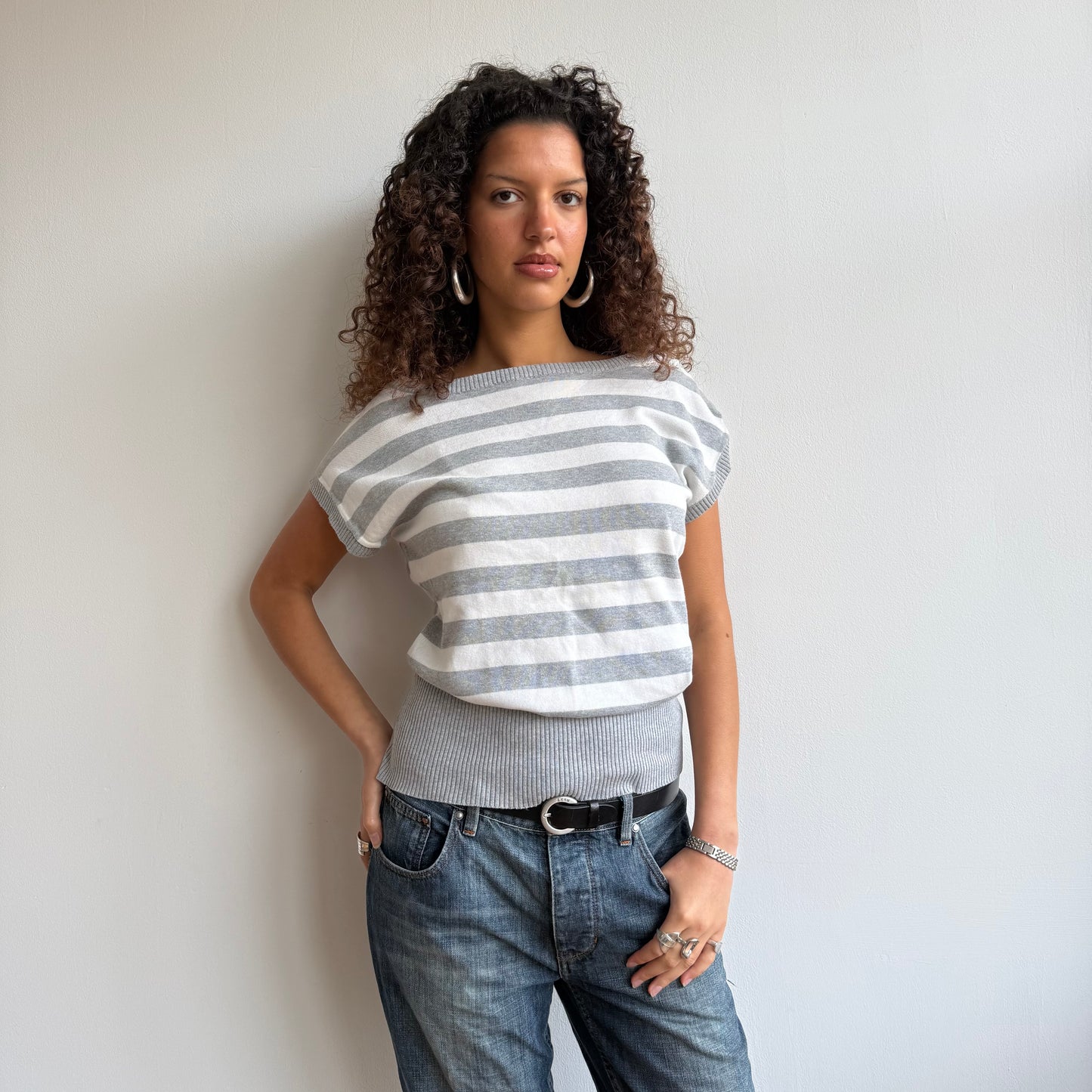 Grey + white stripe slouchy knit - Size M