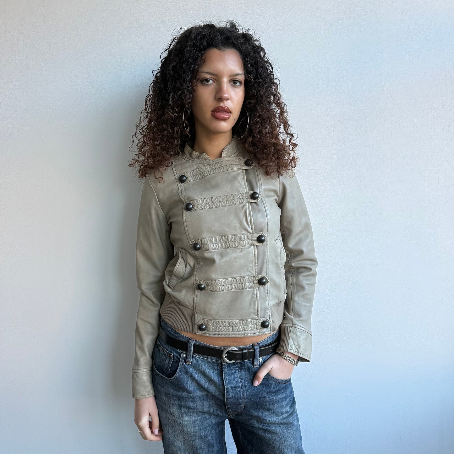Beige leather military bomber - Size S/M