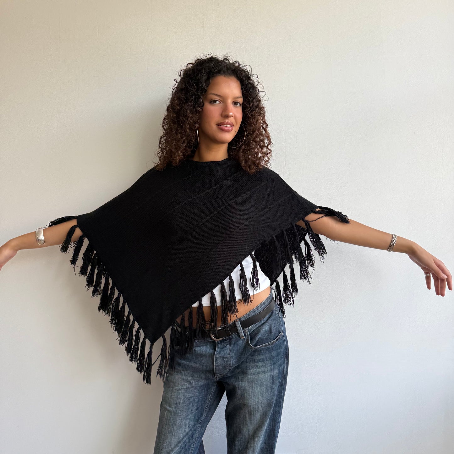 Black tassel poncho - One Size