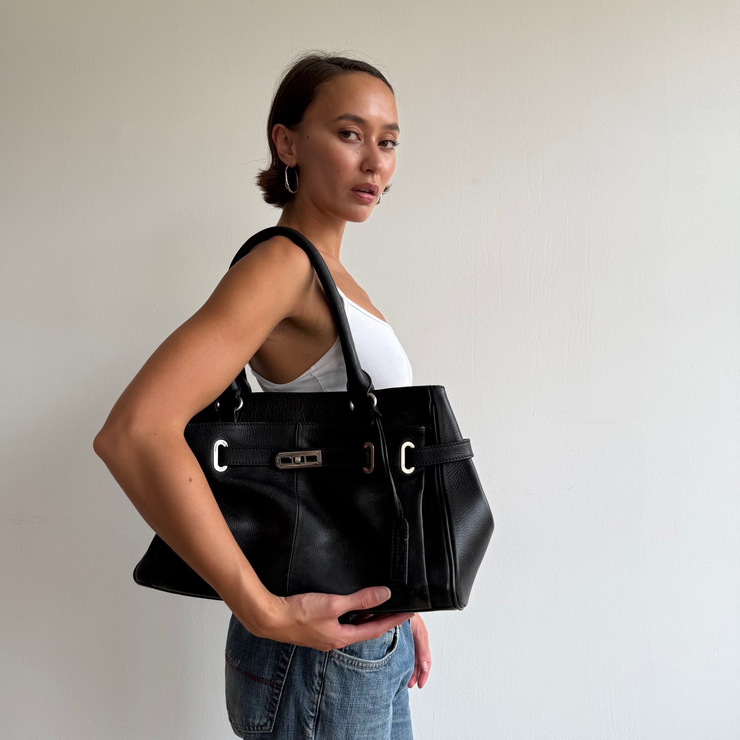Black leather firkin bag - One Size