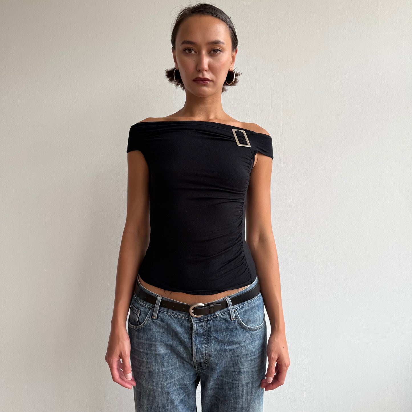 Black bardot buckle tee - Size S