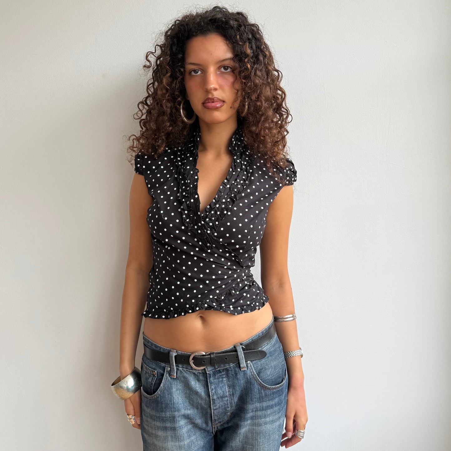 Black polka dot wrap top - Size S