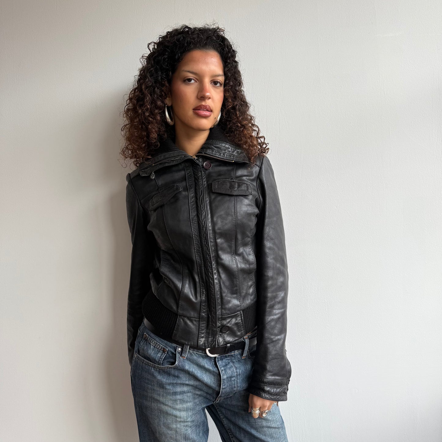 Black leather cargo jacket - Size S/M