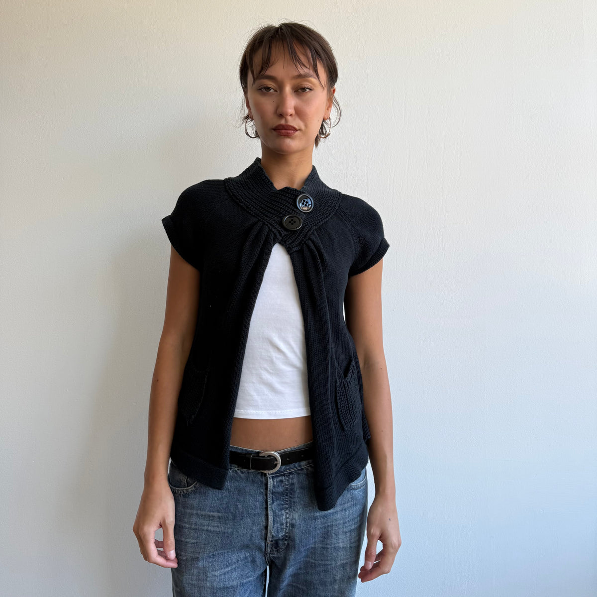 Navy button neck knit jumper - Size M
