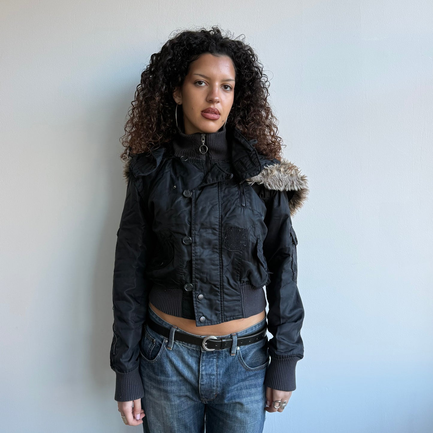 Black faux fur hood bomber - Size M