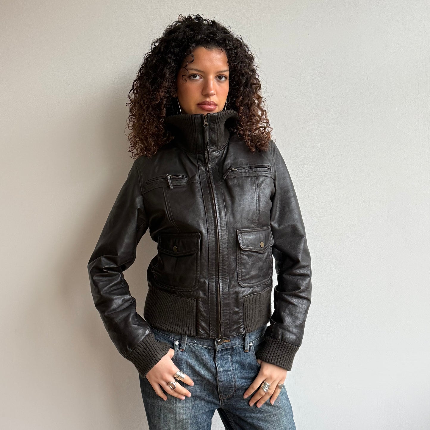 Chocolate brown leather jacket - Size M