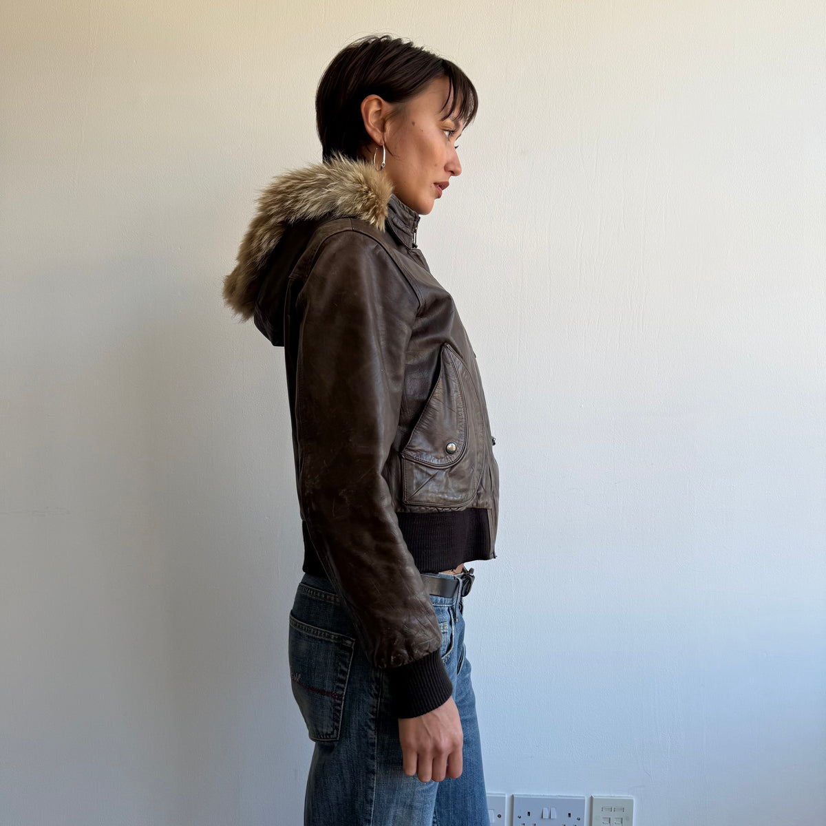 Brown leather fur hood bomber - Size M